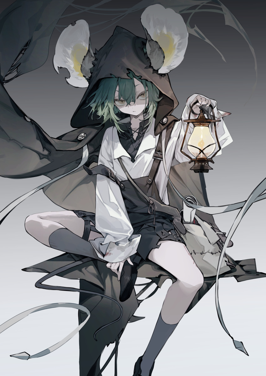 1girl, absurdres, animal_ears, bag, black_shoes, brown_eyes, brown_hood, bukurote, commentary_request, expressionless, green_hair, grey_background, grey_socks, hair_between_eyes, hand_up, highres, holding, holding_lantern, hood, hood_up, jenkins_(morimens), kneehighs, lantern, long_hair, long_sleeves, looking_at_viewer, morimens, mouse_ears, rolled-up_paper, shirt, shoes, simple_background, socks, solo, white_shirt