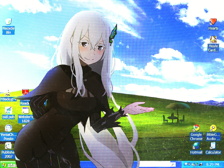 1girl, absurdres, black_capelet, black_dress, breasts, bug, butterfly, butterfly_hair_ornament