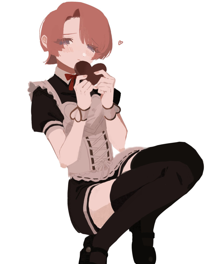 1girl, arimura_mao, black_thighhighs, blush, candy, chocolate, commentary_request, corset