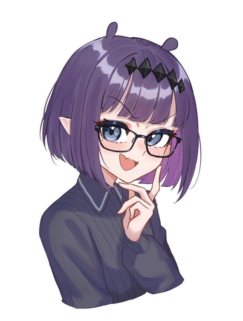 1girl, blush, chrispy_tuna, fang, flat_chest, glasses, grey_eyes, hairband, highres, hololive, hololive_english, long_hair, long_sleeves, mole, mole_under_eye, ninomae_ina'nis, ninomae_ina'nis_(drawn_to_dawn), open_mouth, portrait, purple_hair, short_hair, smile, virtual_youtuber, wide_sleeves