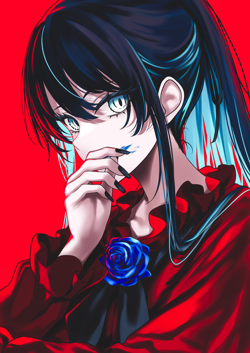 1girl, ado_(utaite), black_nails, blue_eyes, blue_flower, blue_hair, blue_rose, chando_(ado)