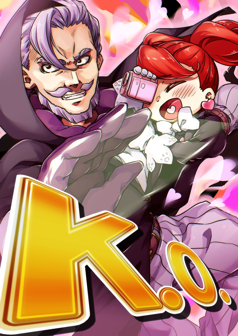 1boy, 1girl, :d, beard, belt, black_gloves, boku_no_hero_academia, bow