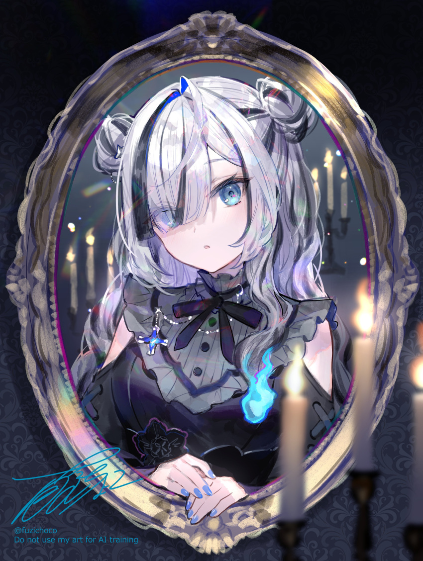 1girl, absurdres, ahoge, birthday, black_hair, blue_eyes, blue_hair, blue_nails