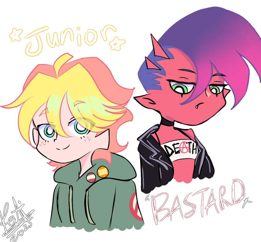 1boy, 1girl, anarchy_symbol, bandeau, bastard_(psg), black_choker, black_jacket, blonde_hair