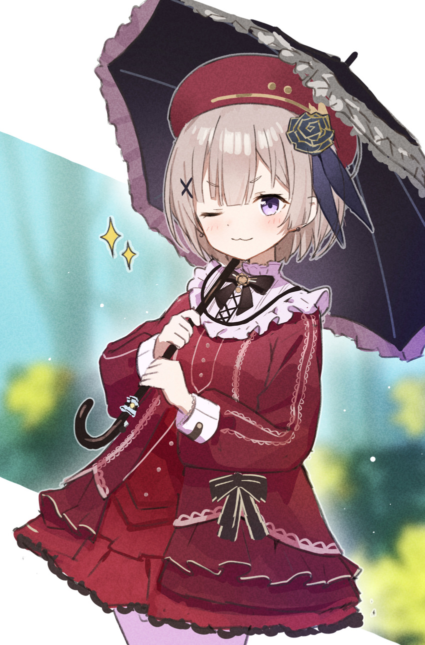 1girl, ;3, absurdres, accurate_lolita_coord, beret, black_bow, black_bowtie, black_flower