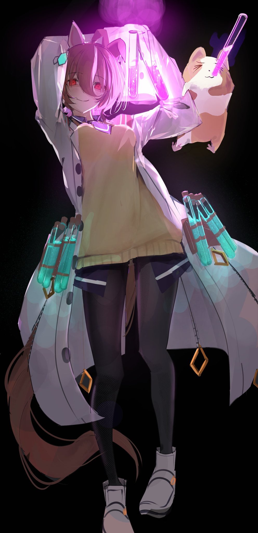 1girl, agnes_tachyon_(tach-nology)_(umamusume), agnes_tachyon_(umamusume), ahoge, animal_ears, black_background, black_necktie, black_pantyhose