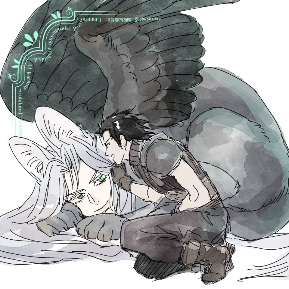 1boy, adjusting_another's_hair, animal_ears, armor, belt, black_feathers, black_fur, black_gloves
