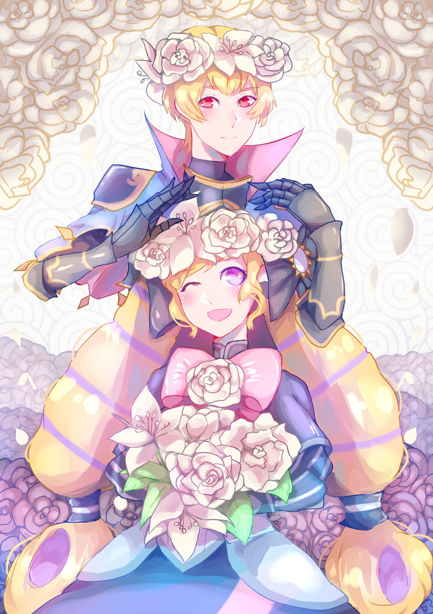 1girl, ;d, armor, black_armor, blonde_hair, brother_and_sister, commentary, drill_hair