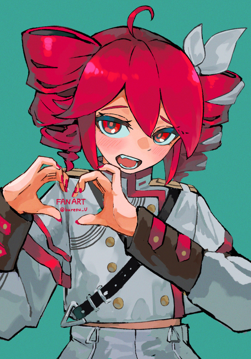 1girl, ahoge, belt, bow, buttons, commentary_request, double-breasted, drill_hair
