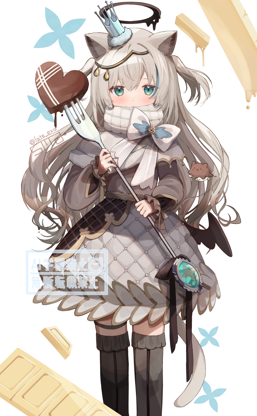 1girl, animal_ears, black_halo, black_ribbon, black_thighhighs, black_wings, blue_eyes, bow