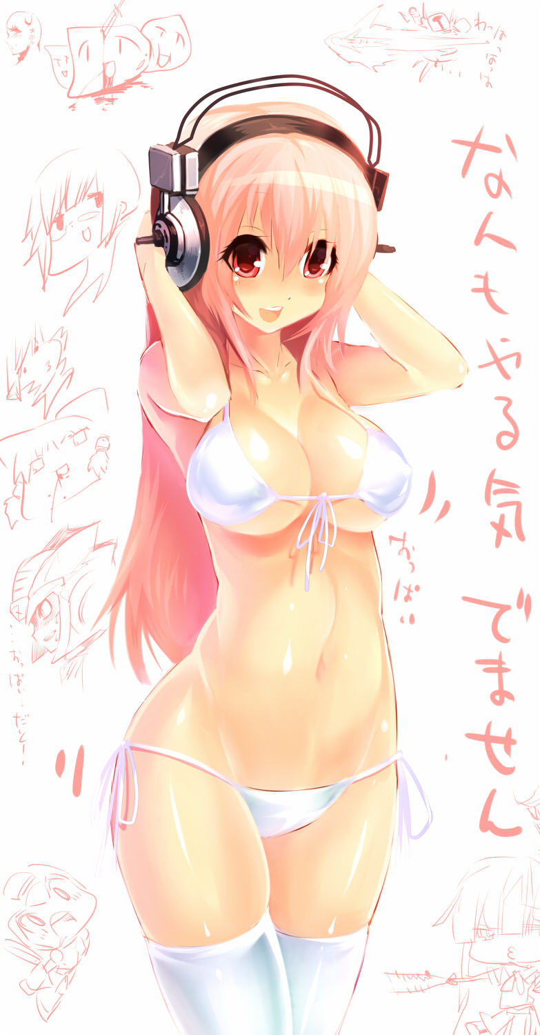 1girl, arms_up, bikini, blush, breasts, chibi, chibi_inset, collarbone