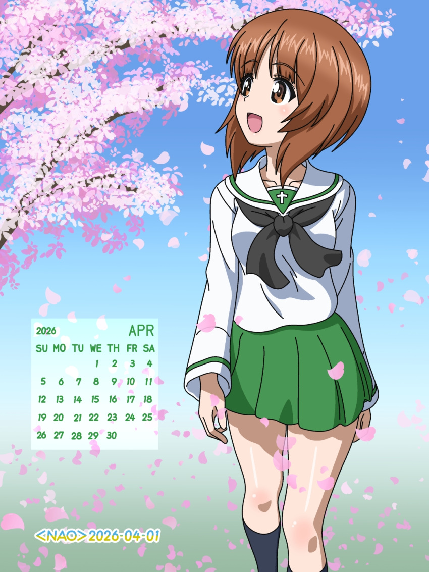 1girl, blush, breasts, brown_eyes, brown_hair, cherry_blossoms, commentary_request, girls_und_panzer