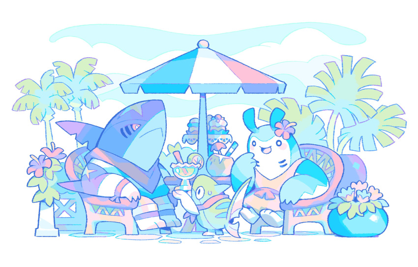 alt_text, beach_umbrella, blue_shirt, chair, coconut, coconut_cup, commentary, dress