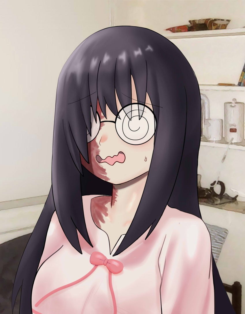 1girl, bed, bedroom, black_hair, burn_scar, coke-bottle_glasses, donrhy96, dress