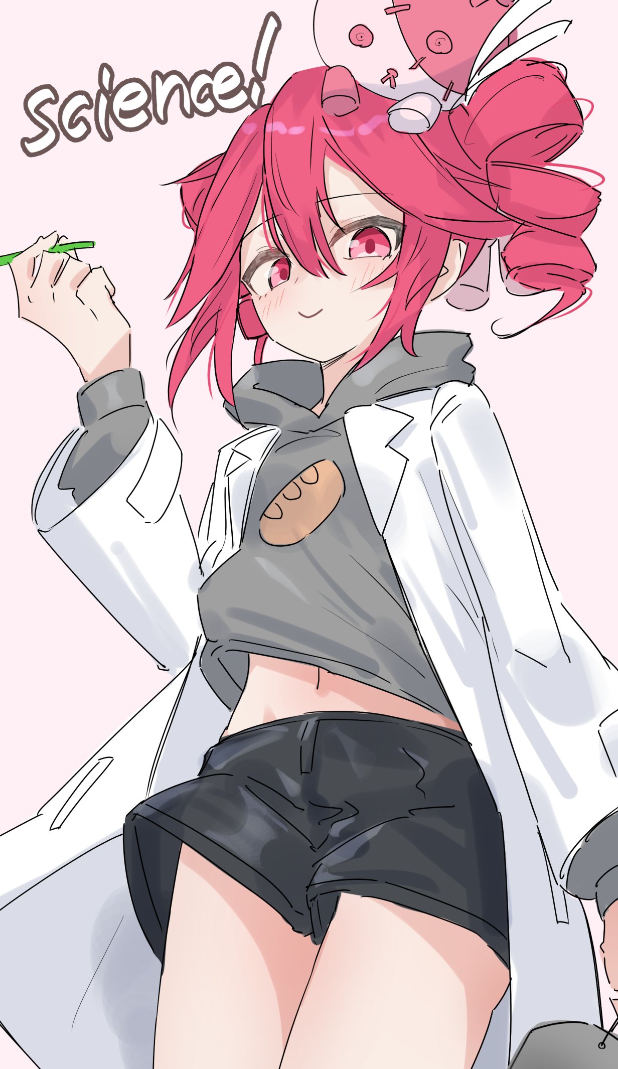 1girl, black_shorts, blush, bread_print, coat, commentary_request, cowboy_shot, double-parted_bangs