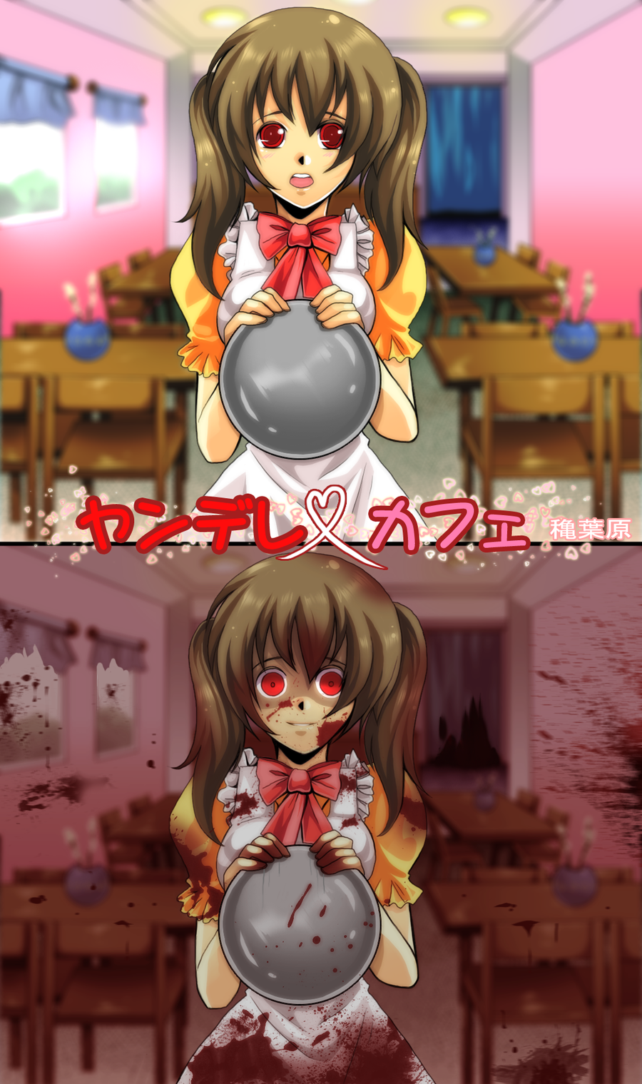 before_and_after, blood, blood_stain, bloodstains, blush, bowtie, brown_hair, cafe