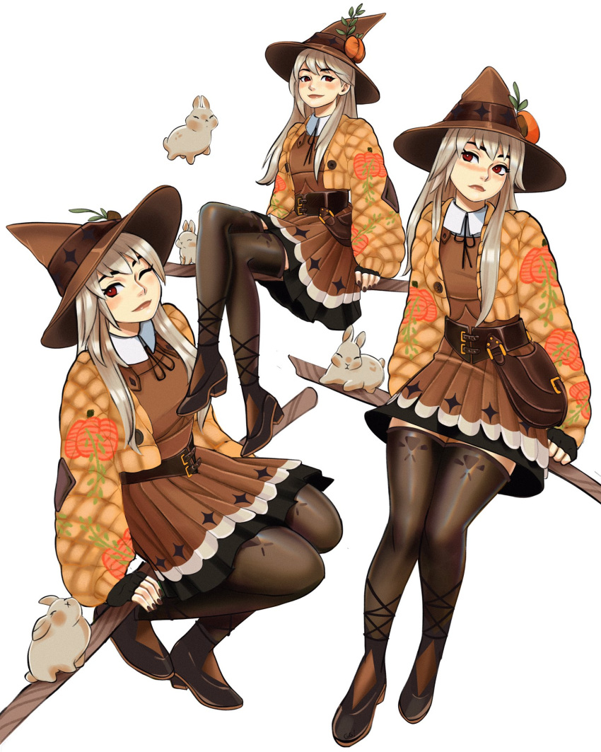 1girl, bag, belt, black_nails, blush, broom, broom_riding, brown_bag