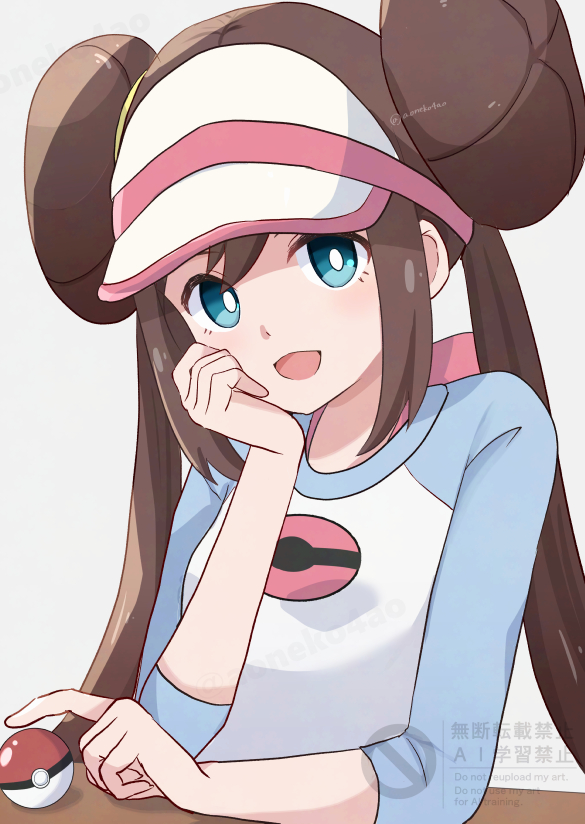 1girl, :d, aoneko4ao_(edwf7745), blue_eyes, bright_pupils, brown_hair, commentary_request, double_bun, hair_bun, hand_up, head_rest, long_hair, open_mouth, poke_ball, poke_ball_(basic), pokemon, pokemon_black_2_and_white_2, raglan_sleeves, rosa_(pokemon), shirt, sidelocks, smile, solo, table, three-quarter_sleeves, twintails, upper_body, visor_cap, watermark, white_pupils
