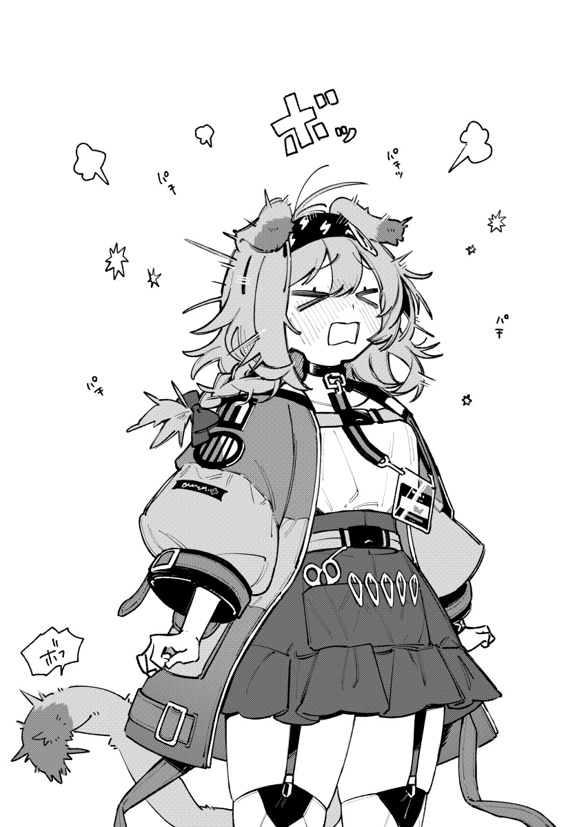 >_<, 1girl, absurdres, animal_ears, arknights, arms_at_sides, blush, cat_ears