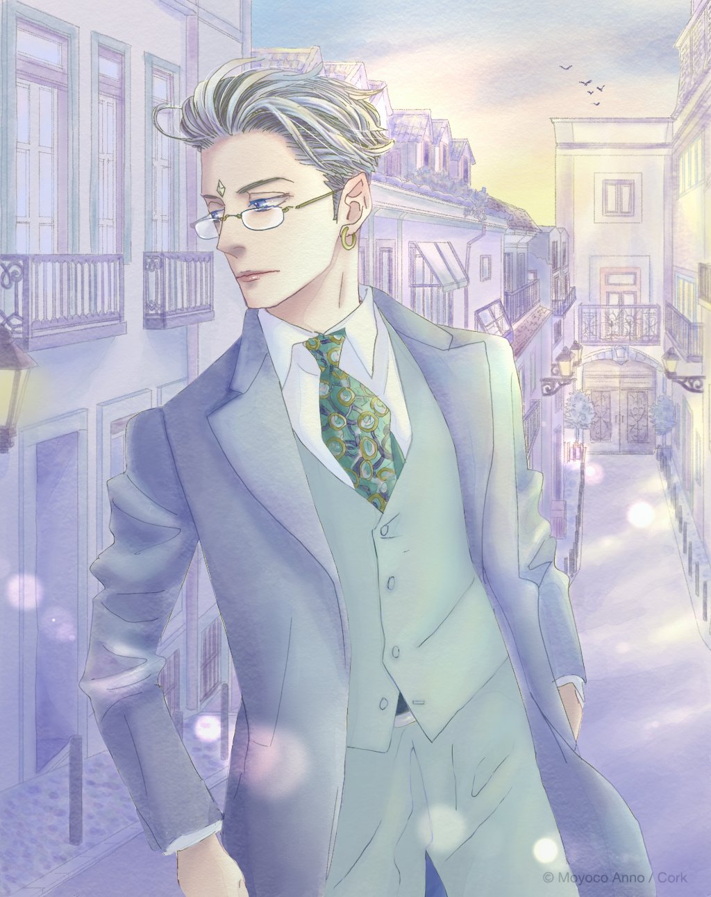 1boy, anno_moyoco, bird, closed_mouth, collared_shirt, colorized, earrings, facial_mark