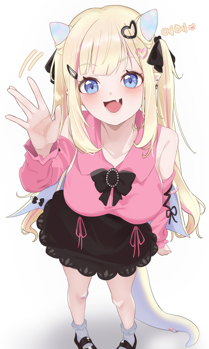 1girl, absurdres, black_bow, black_ribbon, black_skirt, blonde_hair, blue_eyes, blush