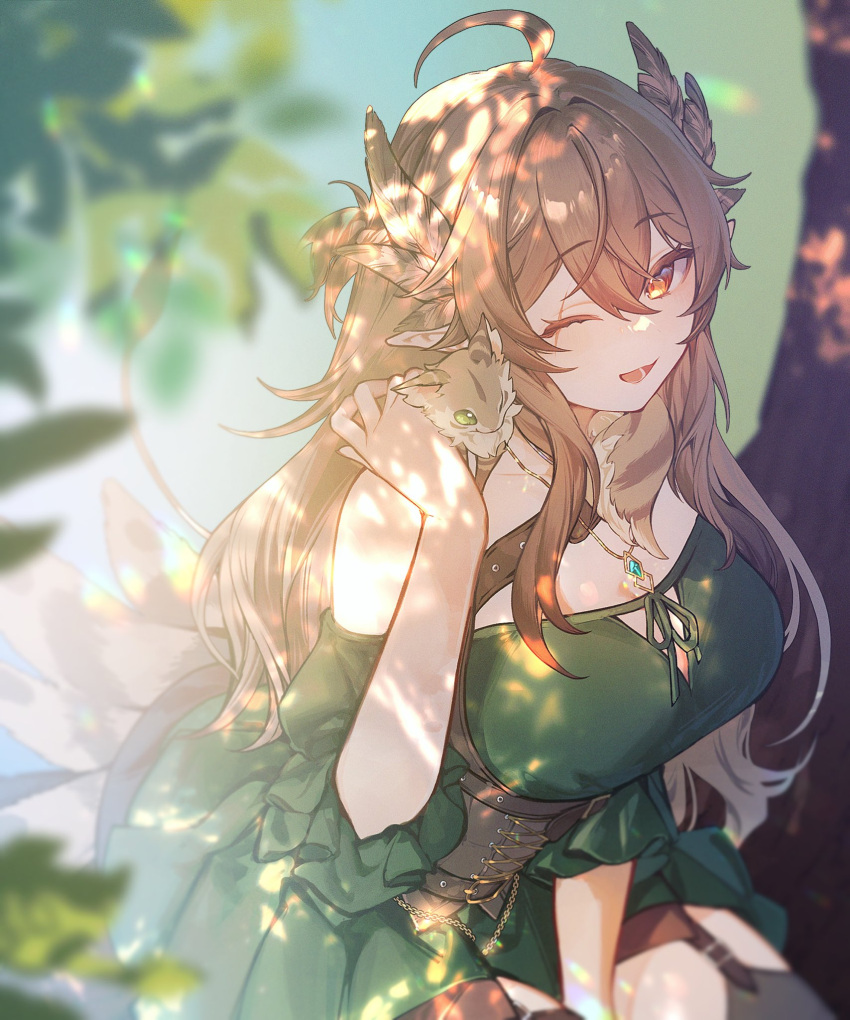 1girl, ahoge, bird_girl, bird_tail, breasts, brown_corset, brown_feathers, brown_hair