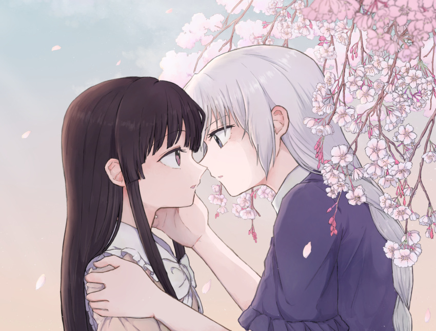 2girls, bow, bowtie, braid, brown_eyes, brown_hair, cherry_blossoms, commentary_request