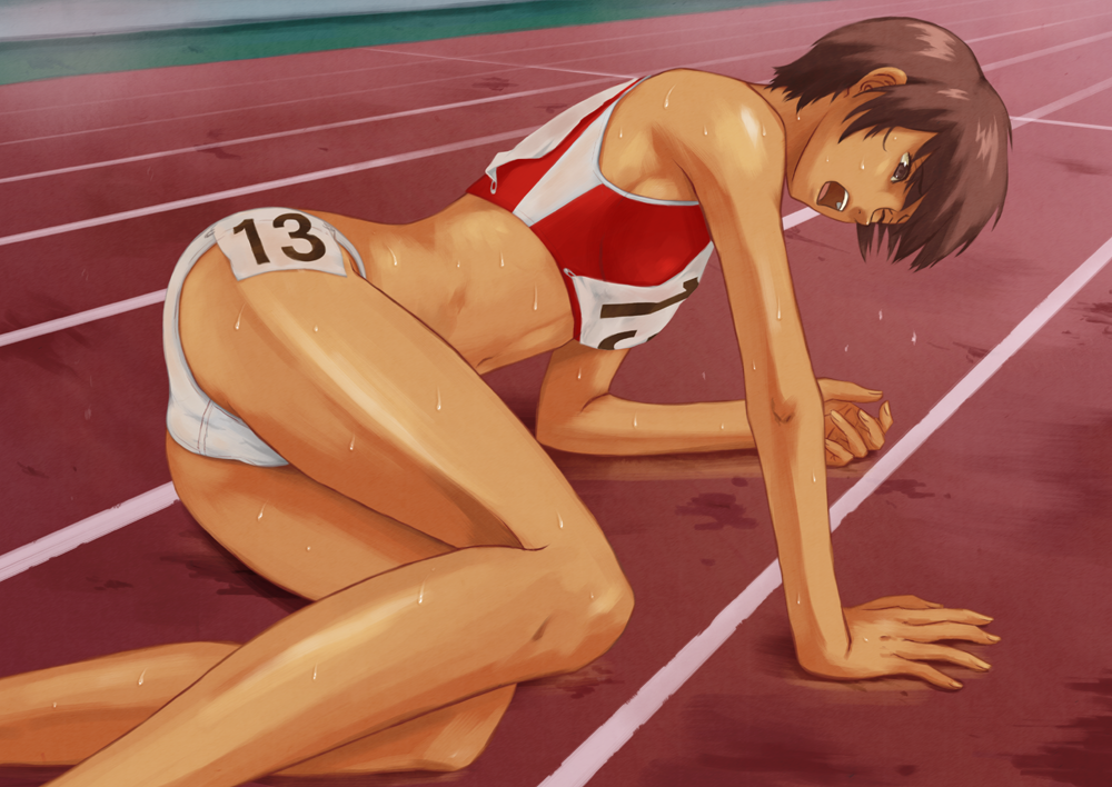 breasts, brown_eyes, brown_hair, buruma, dark_skin, dripping, legs, long_legs, midriff, navel, open_mouth, original, short_hair, sideboob, solo, sports, sweat, sweating, tired, tomoshiki, track, track_and_field