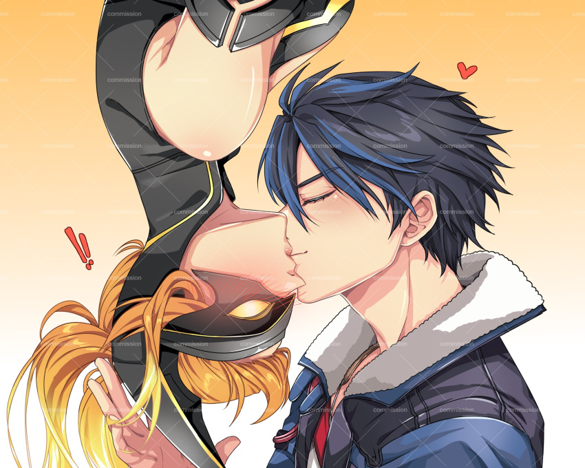1boy, 1girl, armored_bodysuit, blue_coat, blue_hair, bodysuit, closed_eyes, coat, collared_shrug, couple, dog_tags, eiyuu_densetsu, eyewear_hang, hair_slicked_back, hetero, highres, judith_lanster, kai_no_kiseki, kiss, kuro_no_kiseki_(series), kuro_no_kiseki_i, latex, latex_bodysuit, mullet, multicolored_hair, orange_hair, parody, shrug_(clothing), simple_background, style_parody, two-tone_hair, unworn_eyewear, van_arkride, yuzukiyo