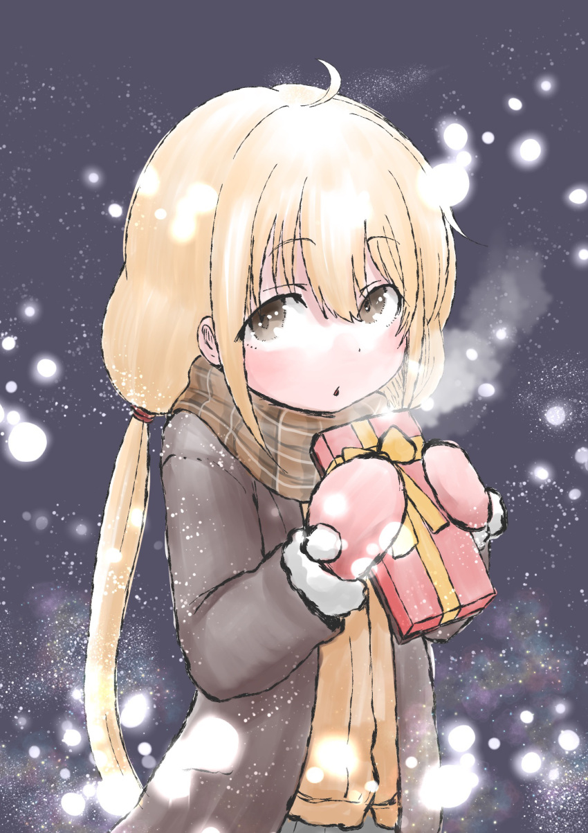 1girl, breath, brown_eyes, coat, futaba_anzu, gift, highres, idolmaster