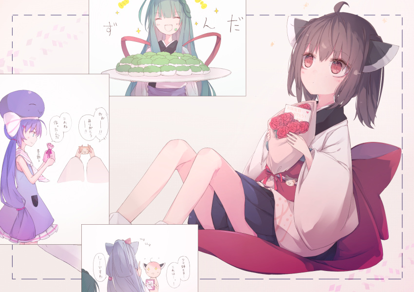 4girls, :d, ahoge, blue_hat, bouquet, comic_panel_inset, dress, flower