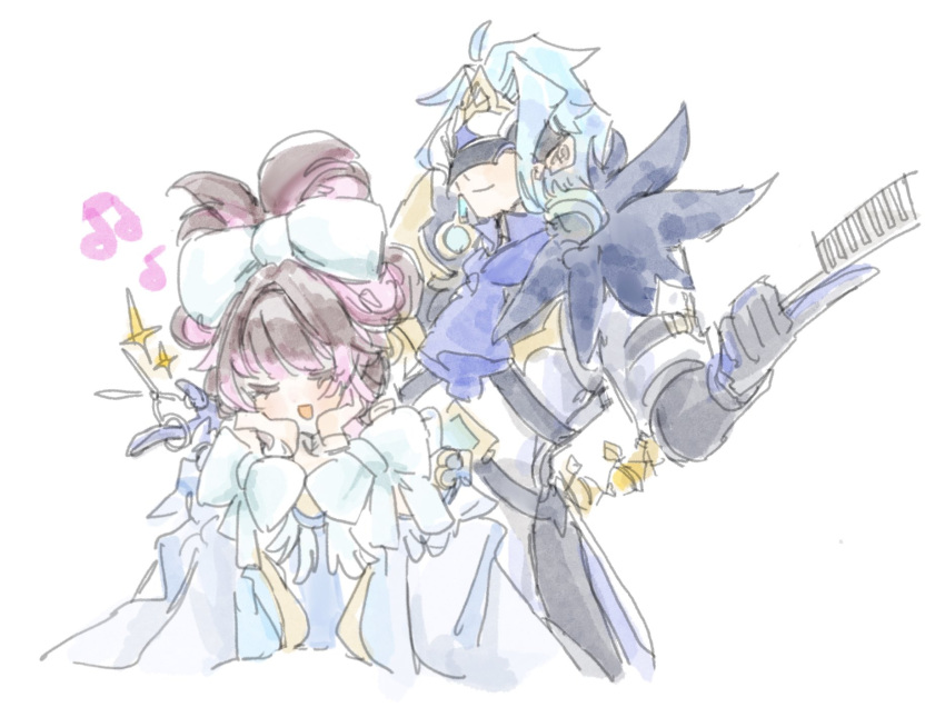 1boy, 1girl, black_mask, blue_bow, blue_hair, bow, brushing_hair, cinnamiku_hairstyle