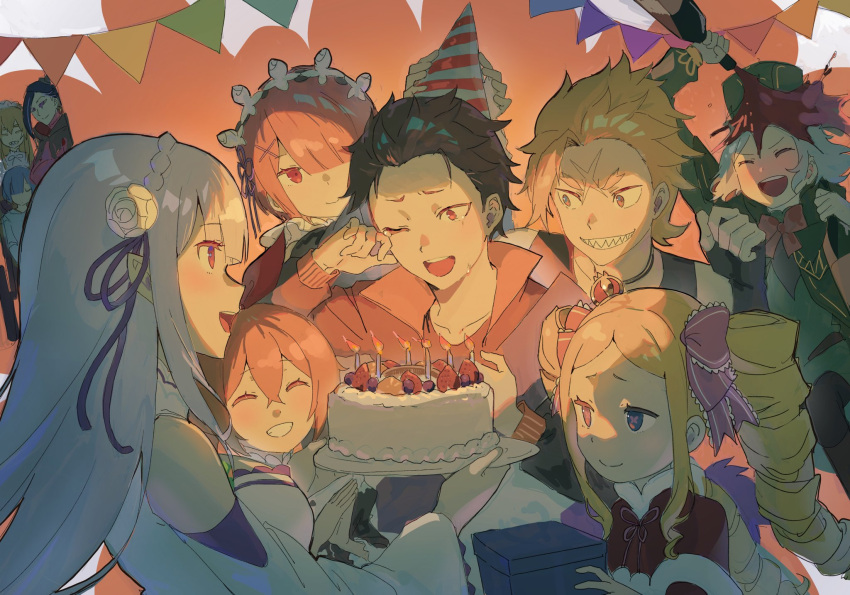 4boys, 6+girls, beatrice_(re:zero), birthday, birthday_cake, black_hair, blonde_hair, blue_eyes