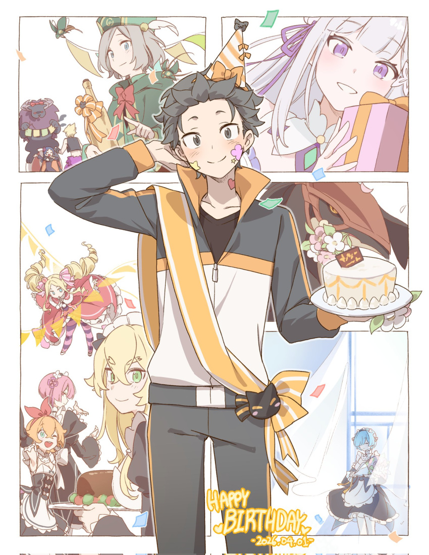 0kara96, 3boys, 6+girls, beatrice_(re:zero), birthday, birthday_cake, black_hair, blonde_hair