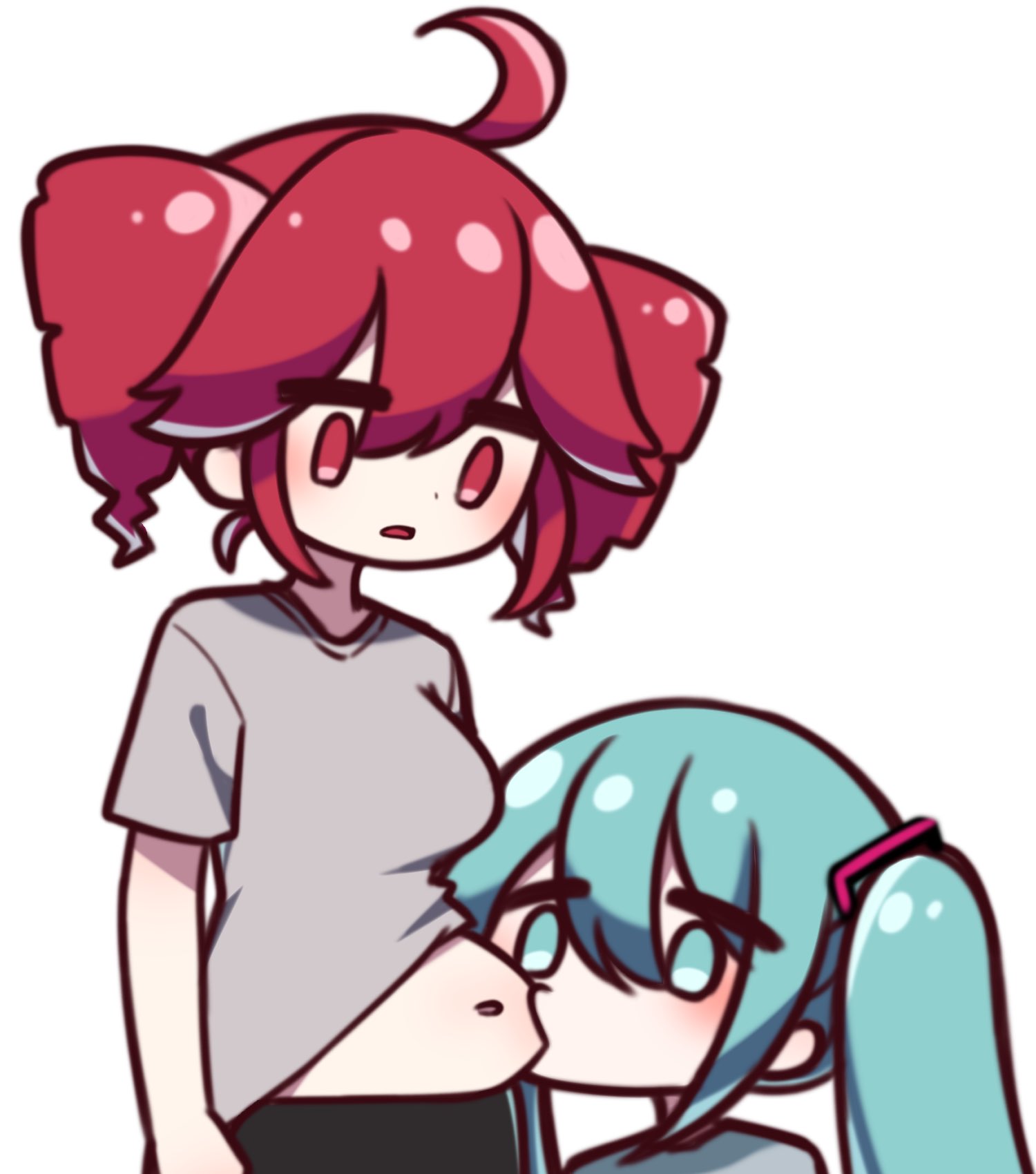 2girls, ahoge, aqua_eyes, aqua_hair, belly, black_pants, chibi, chibi_only