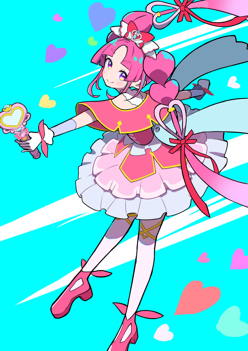 1girl, absurdres, aqua_background, back_bow, blue_bow, bow, braid, capelet, closed_eyes, commentary, cure_mystique, dress, fingerless_gloves, footwear_ribbon, frilled_dress, frills, from_side, full_body, glove_ribbon, gloves, hair_bow, hair_ornament, hair_ribbon, heart, heart_hair_ornament, highres, kobayashi_mikuru, kubo-den, large_bow, layered_gloves, leaning_forward, long_hair, looking_at_viewer, medium_dress, meitantei_precure!, pink_capelet, pink_dress, pink_hair, pink_ribbon, pink_shoes, pre-kit_mirror_loupe, precure, red_bow, red_ribbon, ribbon, shoes, sleeveless, sleeveless_dress, smile, solo, standing, thigh-highs, twin_braids, very_long_hair, violet_eyes, white_gloves, white_thighhighs