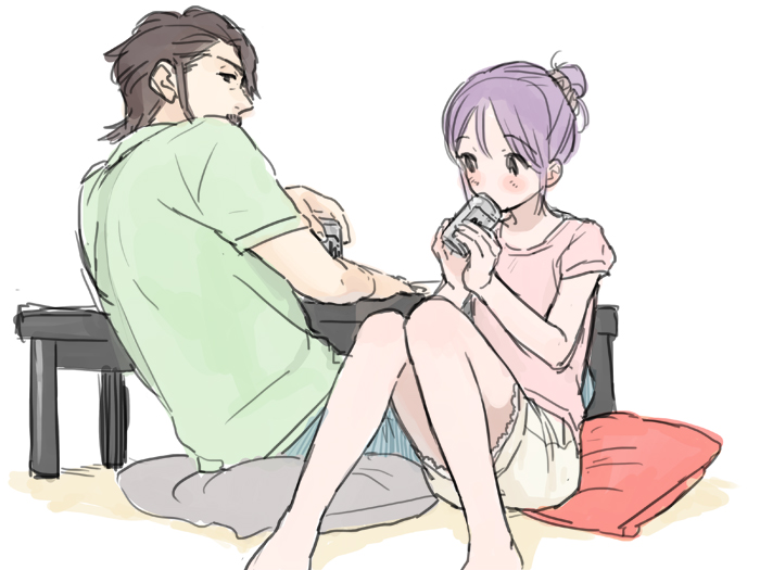 age_difference, beard, can, drinking, facial_hair, father_and_daughter, hair_bun, higebu