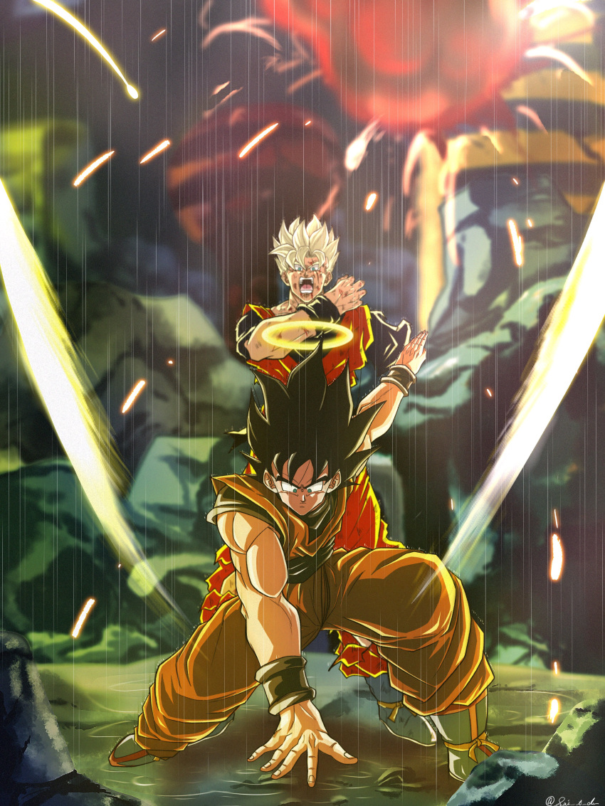 2boys, absurdres, amputee, black_hair, blonde_hair, blue_sash, blue_shirt, dougi, dragon_ball, dragon_ball_z, explosion, father_and_child, father_and_son, full_body, green_eyes, halo, highres, male_focus, multiple_boys, orange_pants, orange_shirt, pants, parent_and_child, sai_t_d, sash, shirt, son_gohan, son_gohan_(future), son_goku, spiky_hair, super_saiyan, super_saiyan_1, traditional_halo, yellow_halo