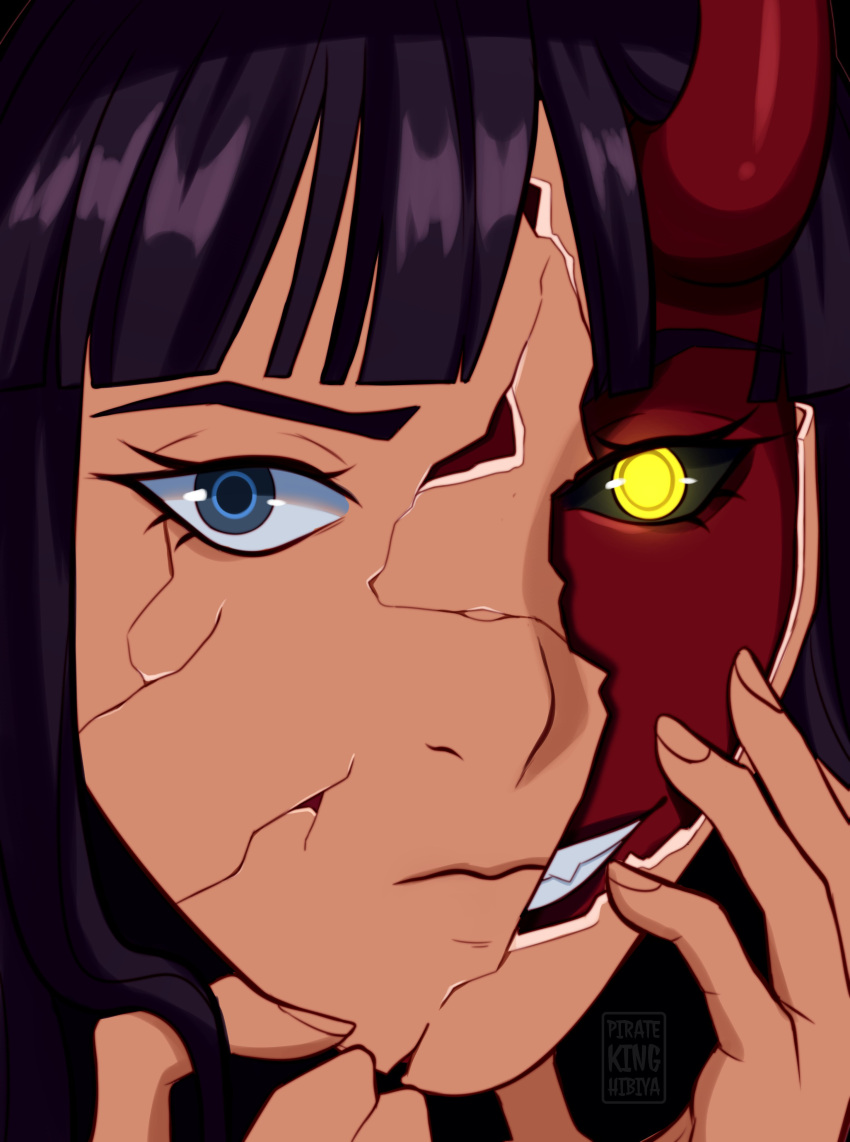 1girl, absurdres, black_background, black_hair, blue_eyes, blunt_bangs, broken_mask, close-up
