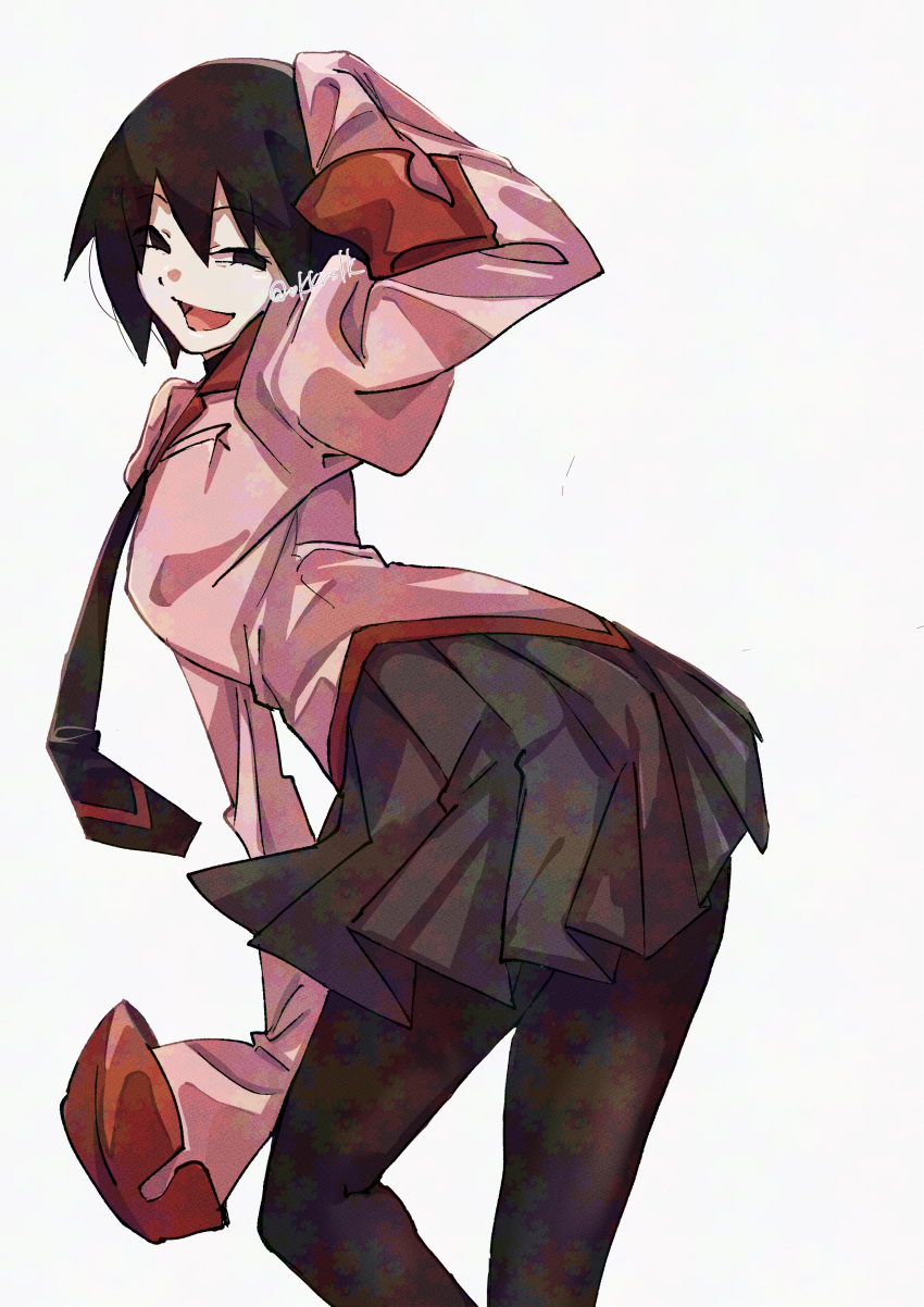 1girl, :d, absurdres, arm_at_side, arm_up, artist_name, baggy_clothes, black_eyes