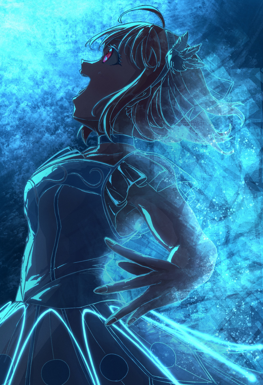 1girl, ahoge, blue_background, blue_dress, blue_theme, choker, commentary_request, dress