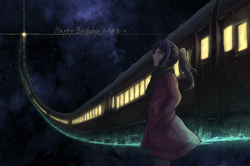 1girl, blue_eyes, coat, commentary_request, dated, hancho_1021, hands_in_pockets, happy_birthday