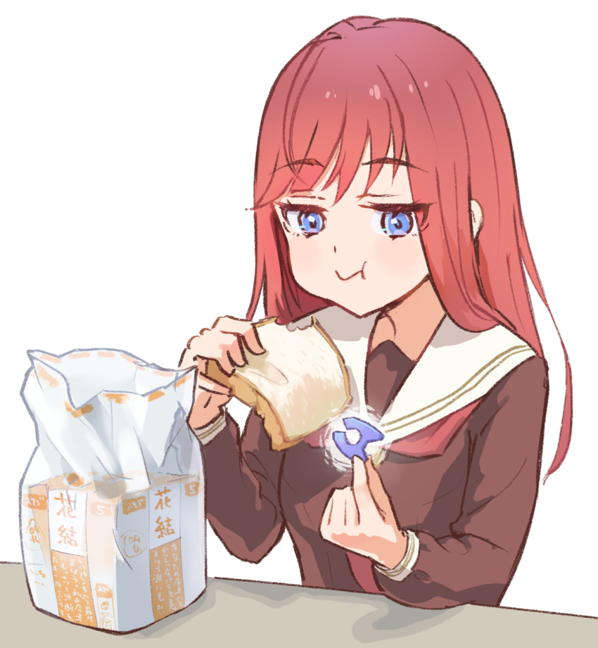 1girl, blue_eyes, bread, bread_bag, bread_clip, brown_dress, commentary_request, dress