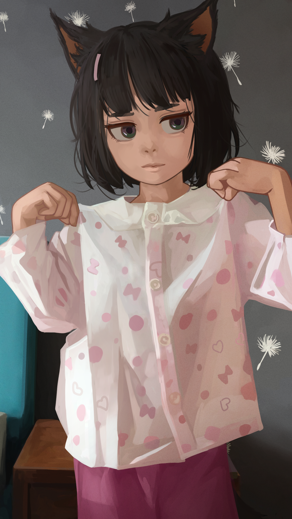 1girl, animal_ears, anya_(servachock), black_hair, cat_ears, cat_girl, commentary_request, dandelion_seed