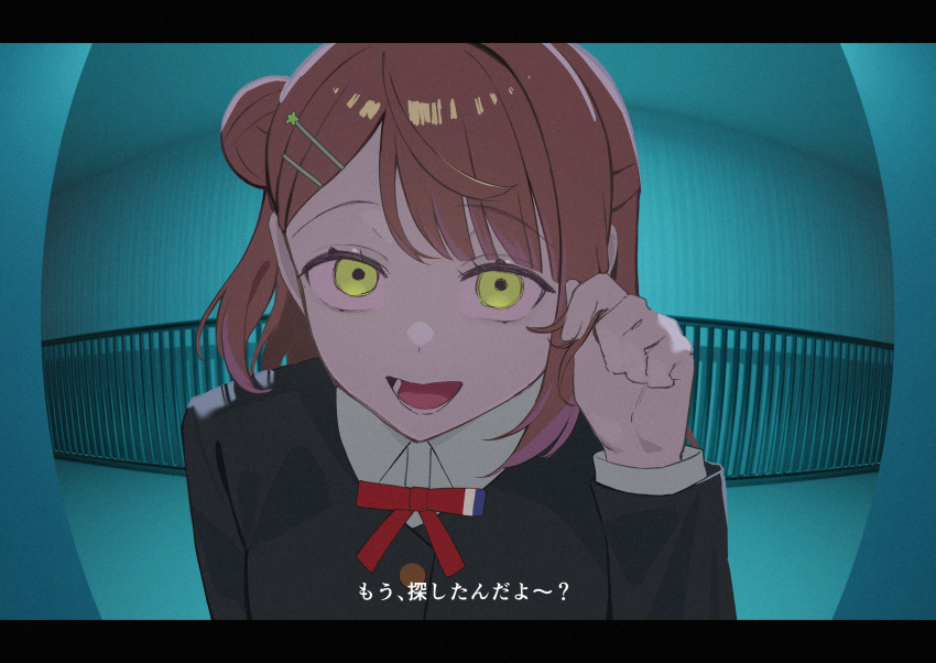 1girl, absurdres, adjusting_hair, black_jacket, brown_eyes, commentary, empty_eyes, english_commentary