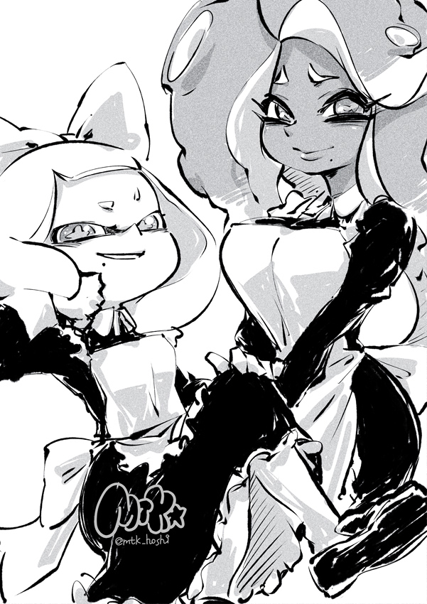 2girls, apron, black_dress, bow, breasts, dress, hair_bow, inkling