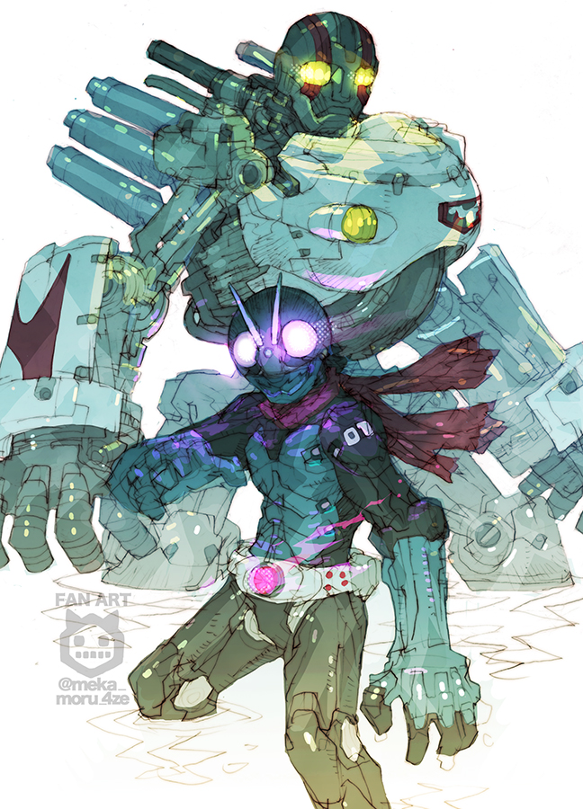 2boys, cowboy_shot, cyclone_(kamen_rider), glowing, glowing_eyes, humanoid_robot, kamen_rider, kamen_rider_(1st_series)