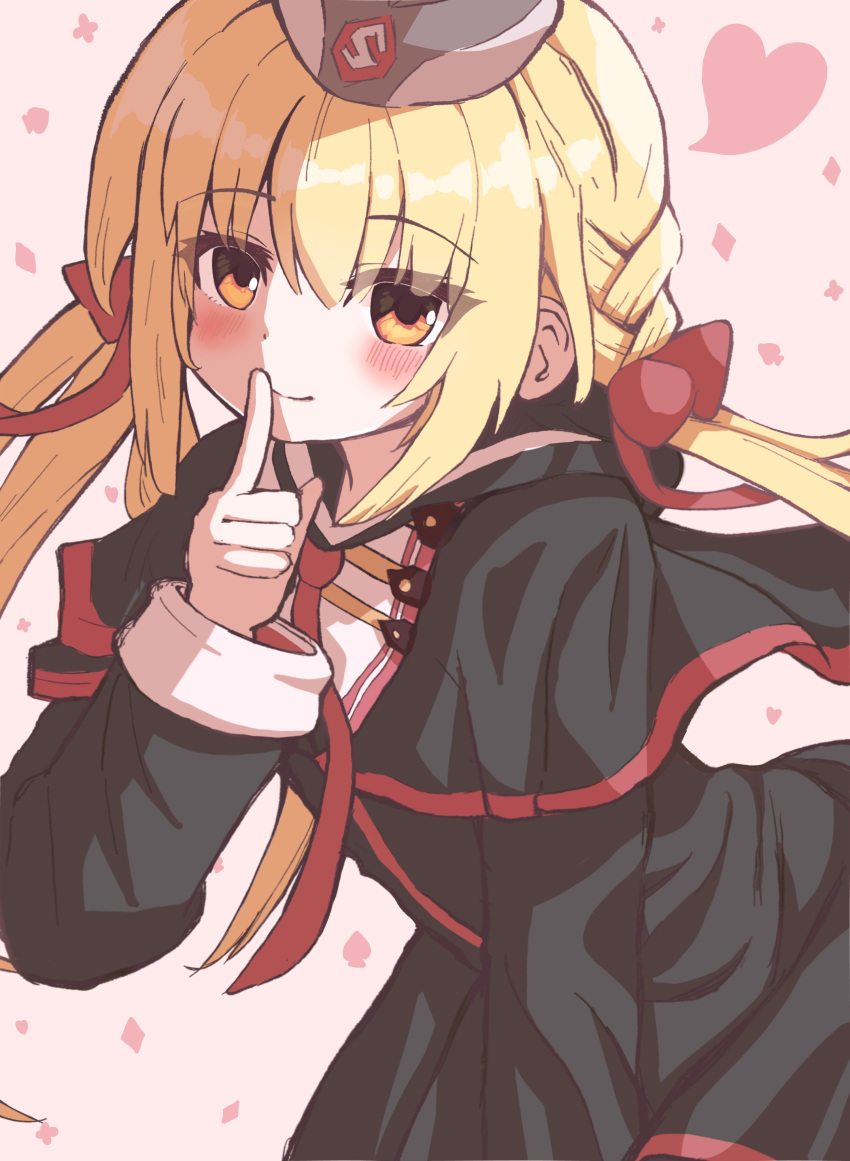 1d4b42, 1girl, absurdres, arihara_nanami, black_capelet, black_dress, black_hat, blonde_hair, blush, bow, braid, capelet, closed_mouth, commentary_request, cowboy_shot, dress, eyes_visible_through_hair, finger_to_mouth, garrison_cap, hair_between_eyes, hair_bow, hair_ribbon, hand_up, hat, heart, highres, hood, hood_down, hooded_capelet, index_finger_raised, leaning_forward, long_hair, long_sleeves, looking_at_viewer, low_twintails, necktie, orange_eyes, pink_background, red_bow, red_necktie, red_ribbon, ribbon, riddle_joker, side_braid, sidelocks, simple_background, smile, solo, twintails, very_long_hair