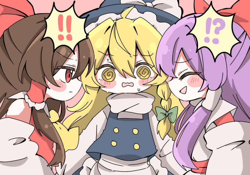 !, !?, 3girls, @_@, apron, ascot, black_hat, black_vest