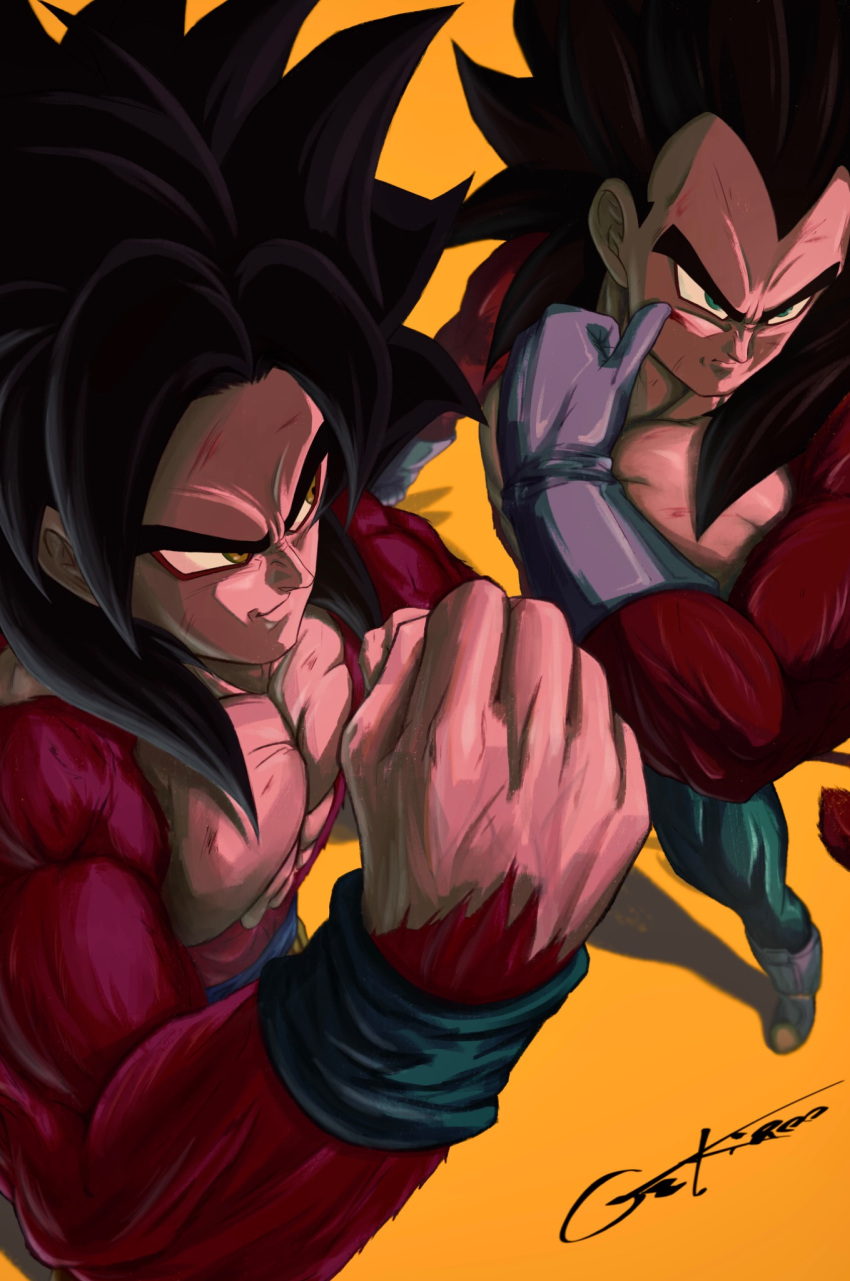 2boys, black_hair, blue_eyes, blue_pants, body_fur, denim, dragon_ball, dragon_ball_gt, gekiroo, highres, male_focus, multiple_boys, muscular, muscular_male, pants, red_fur, simple_background, son_goku, spiky_hair, standing, super_saiyan, super_saiyan_4, topless_male, vegeta, yellow_background, yellow_eyes